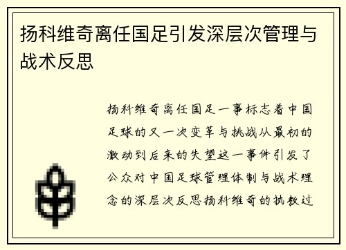 扬科维奇离任国足引发深层次管理与战术反思 扬科维奇离任国足引发深层次管理与战术反思